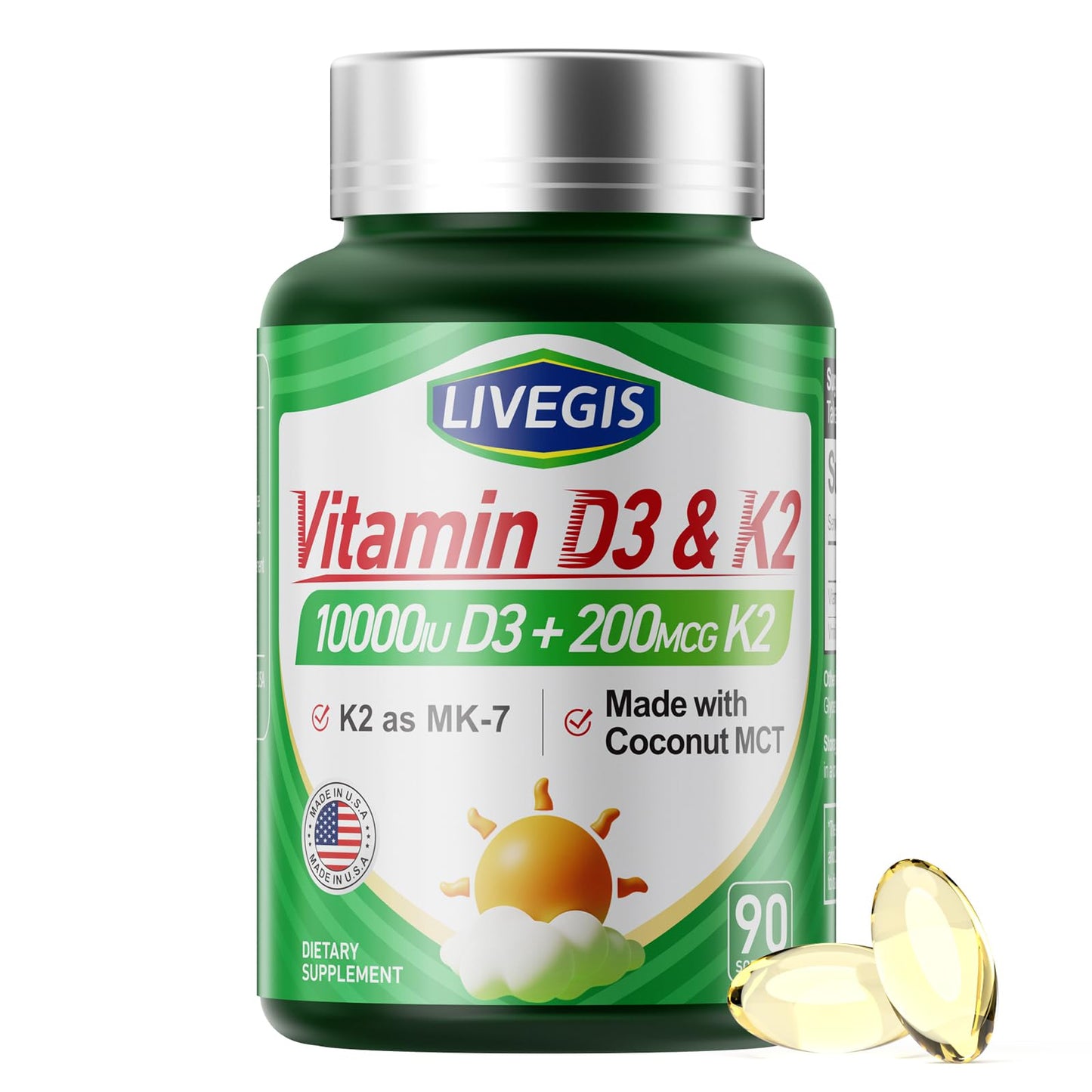 LIVEGIS Vitamin D3 K2 Softgels, 10000 IU D3 with 200 mcg MK-7, 90 Count