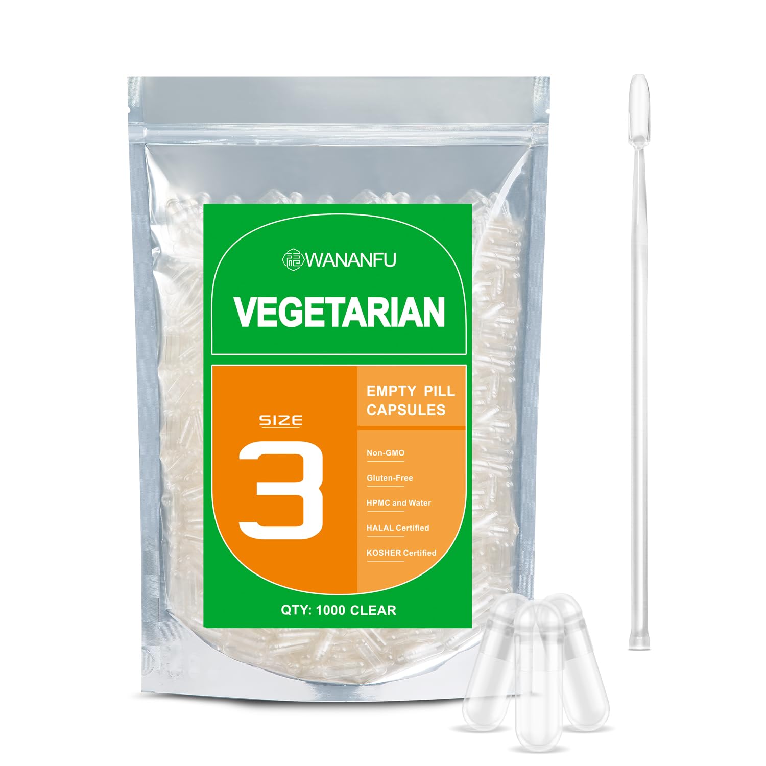 wananfu Size 3 Empty Vegetarian Capsules, 500 Count