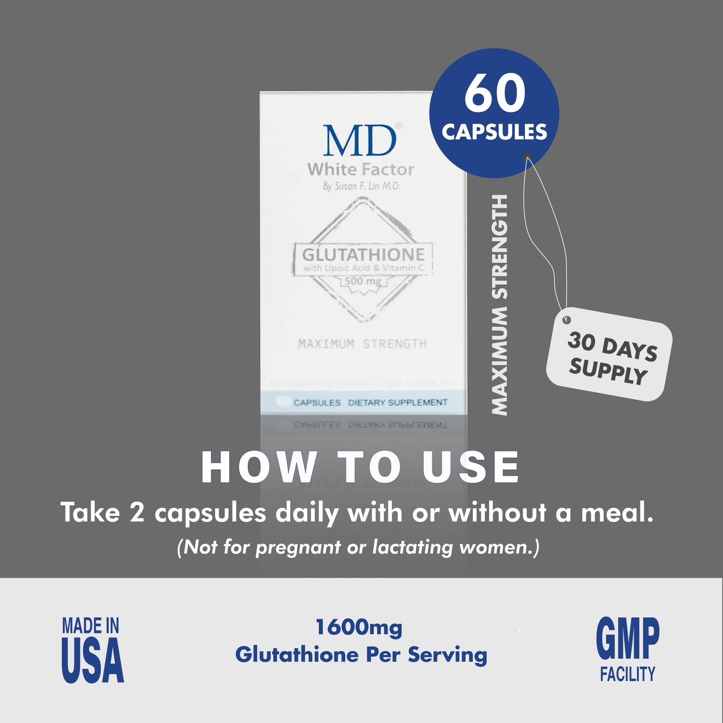 MD White Factor Glutathione Supplement with Effective Antioxidants, Vitamin C & Lipoic Acid Capsules, 60 Count
