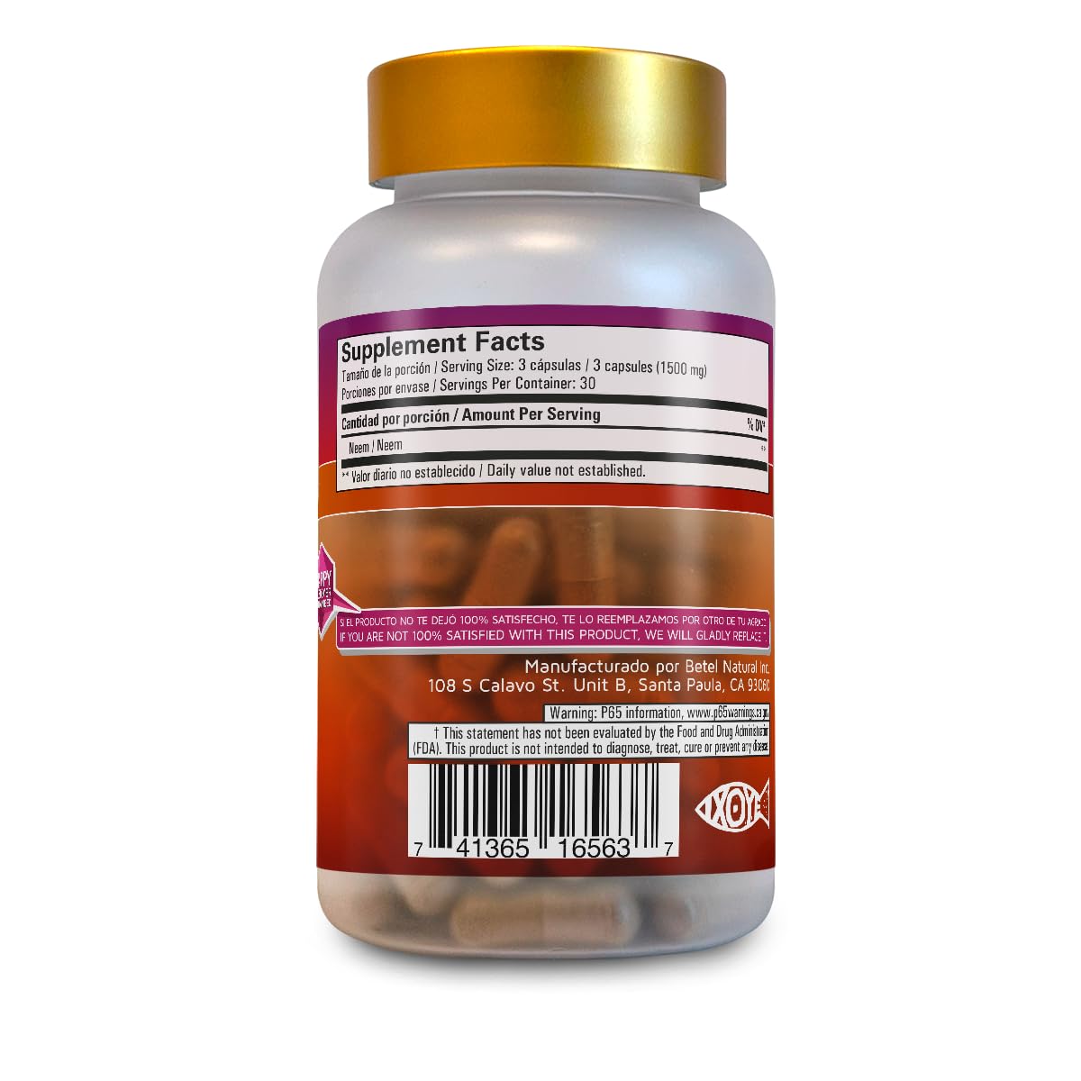Betel Natural Neem Capsules 1500 mg per Serving, Veggie Capsules, 90 Caps