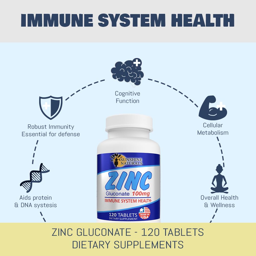 Sunshine Naturals Zinc Gluconate Mineral Supplement 100 mg, 120 Tablets
