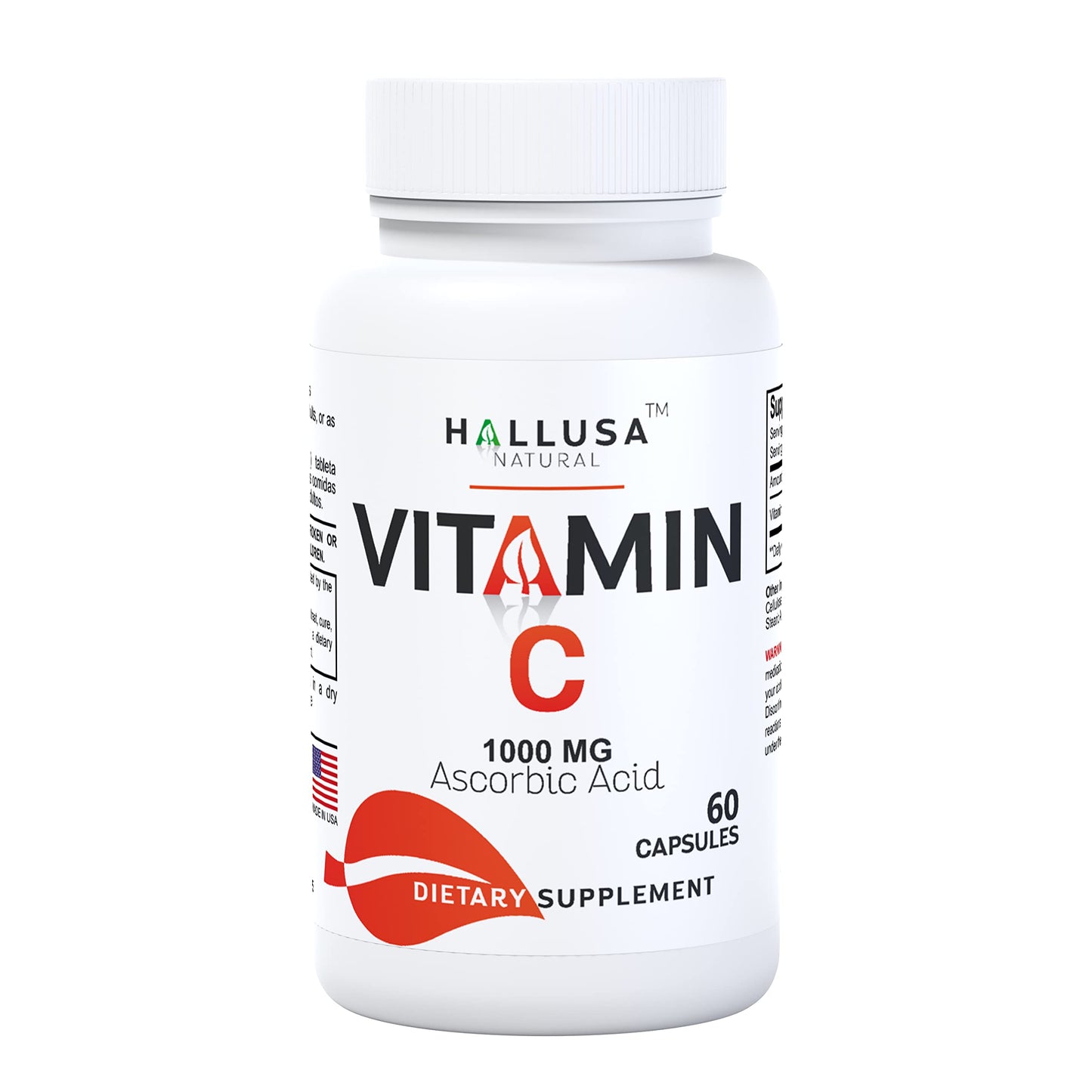 Hallusa Natural Vitamin C 1000 mg Supplement for Immune Support, Antioxidant & Skin Wellness, High Potency Vitamin C Capsules, 60 Capsules