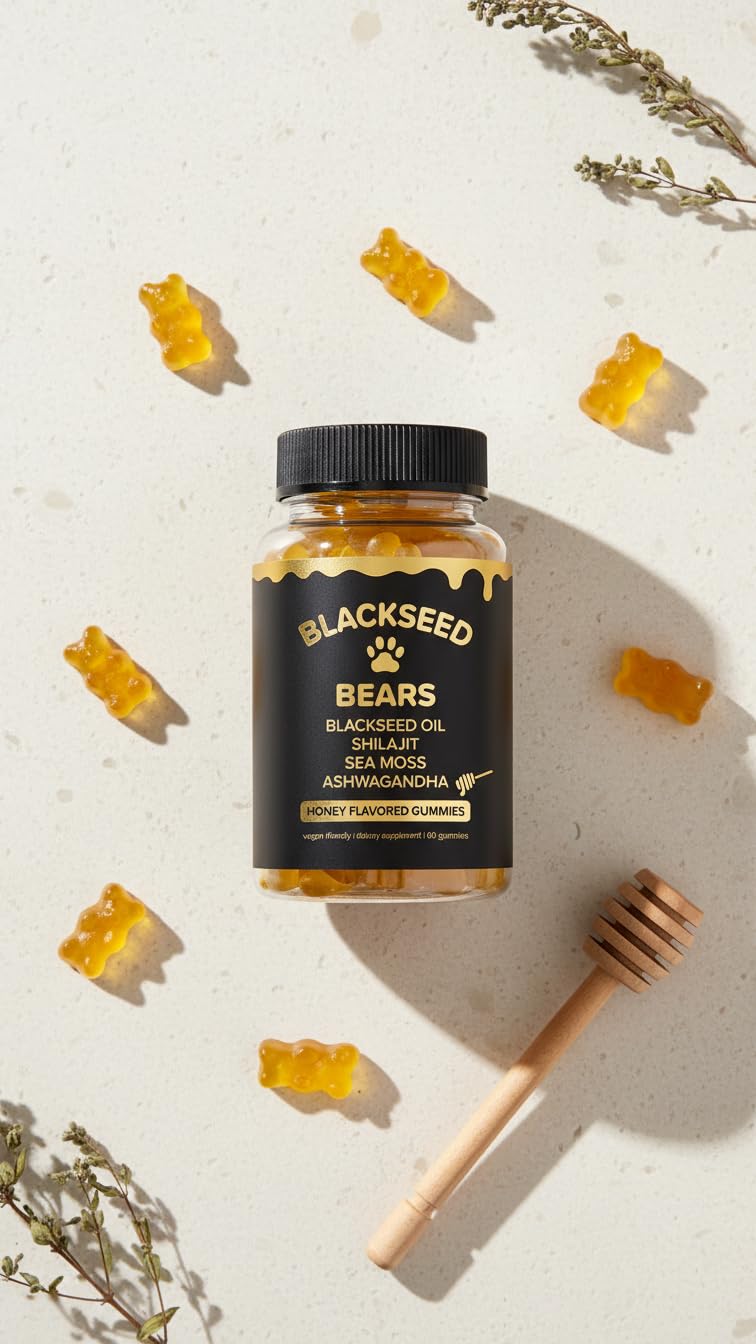 Curvy Body Bears Blackseed Bears Black Seed Oil, Shilajit, Sea Moss & Ashwagandha Gummies – Honey Flavor, 60 Gummies
