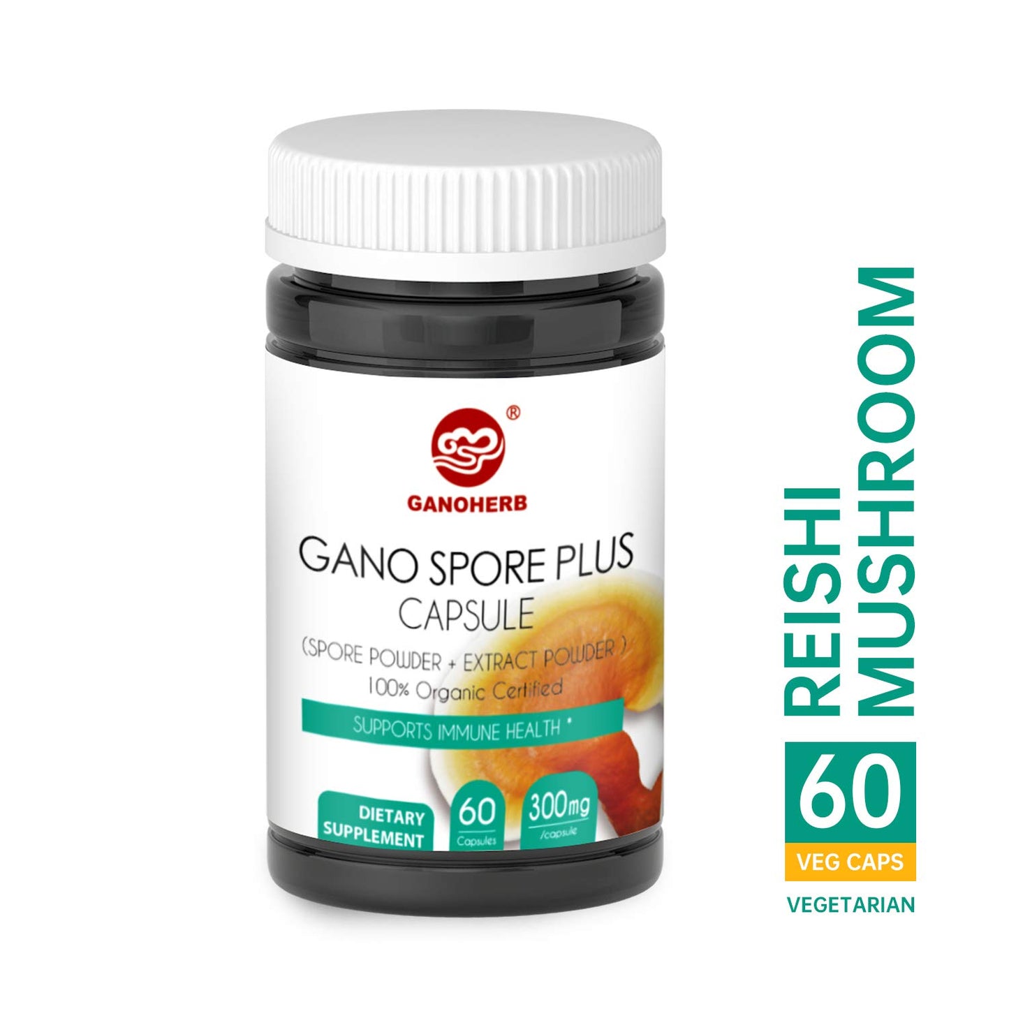 GANOHERB Organic Reishi Mushroom Spore Plus Capsules with 100% Ganoderma Lucidum Spore Powder+ Extract, Vegan, All Natural, Non-GMO & Gluten Free, 60 Capsules