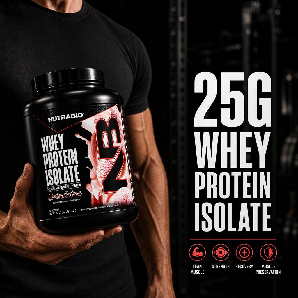NutraBio 100% Whey Protein Isolate Powder, Strawberry Ice Cream, 80 Servings