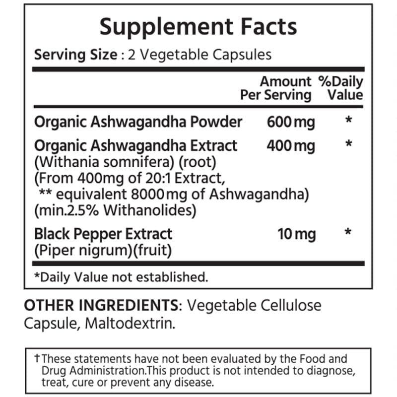 ML Naturals Organic Ashwagandha Capsules 120 Count