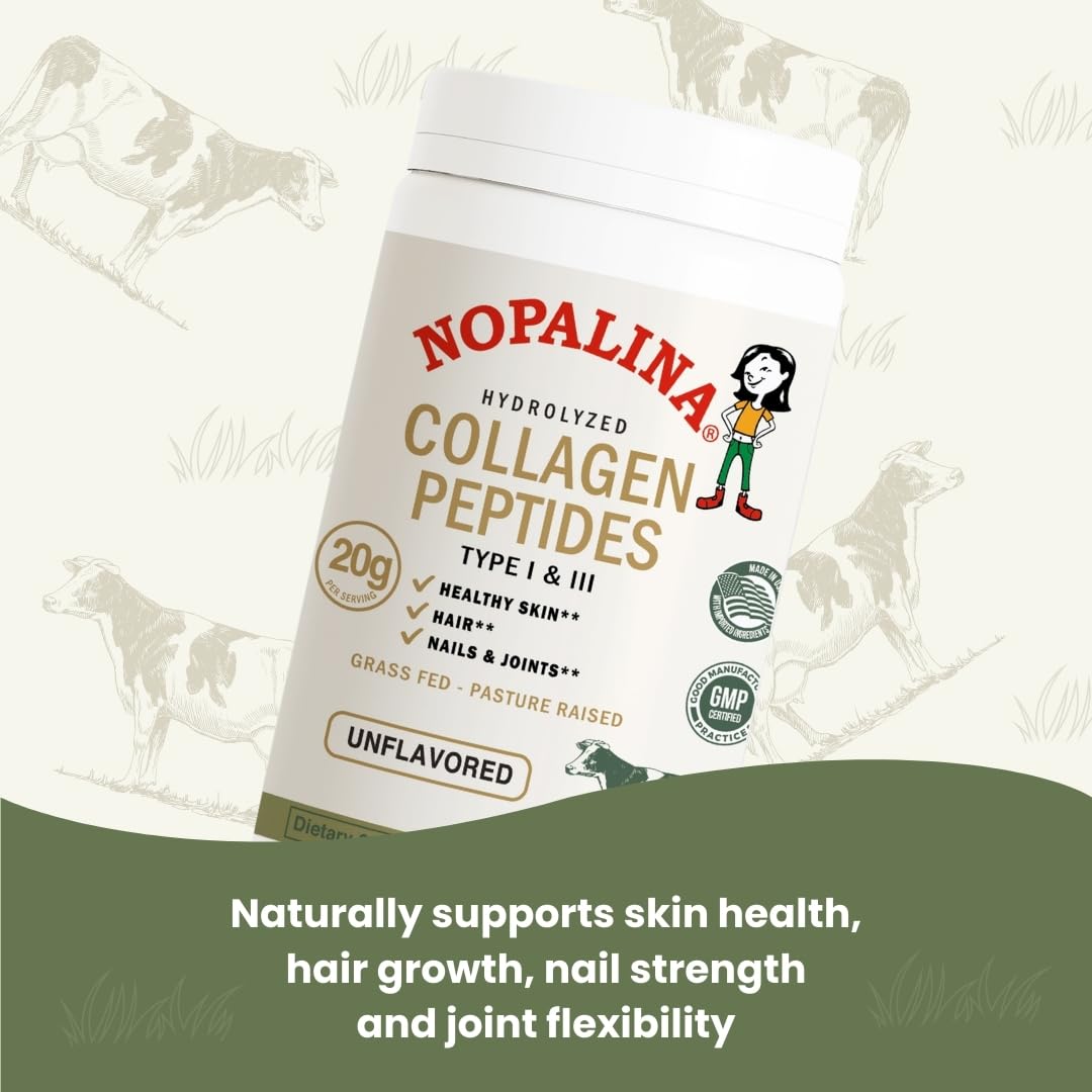 Nopalina Hydrolyzed Collagen Peptides Powder - Type I & III, Grass-Fed Pasture-Raised Bovine Collagen, 11.29 oz