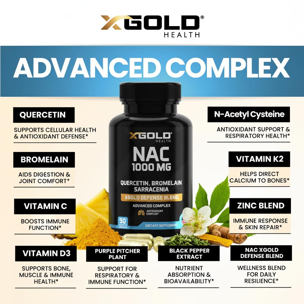 X Gold Health NAC 1000 mg with Quercetin 95%, Bromelain, Zinc, Vitamin C, D3 & K2 Immune Support & Antioxidant Supplement Advanced Defense Blend Capsules, 120 Count