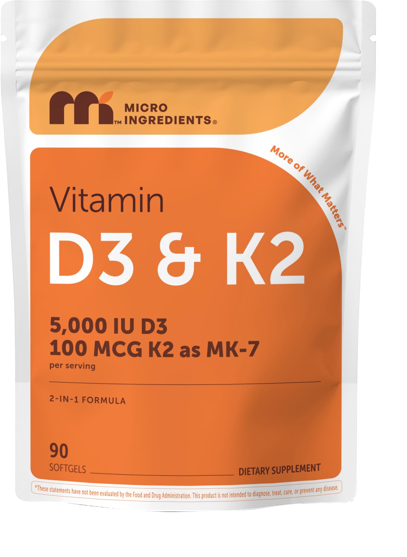 Micro Ingredients Vitamin D3 5000 IU + K2 MK-7 100 mcg Softgels, 90 Count