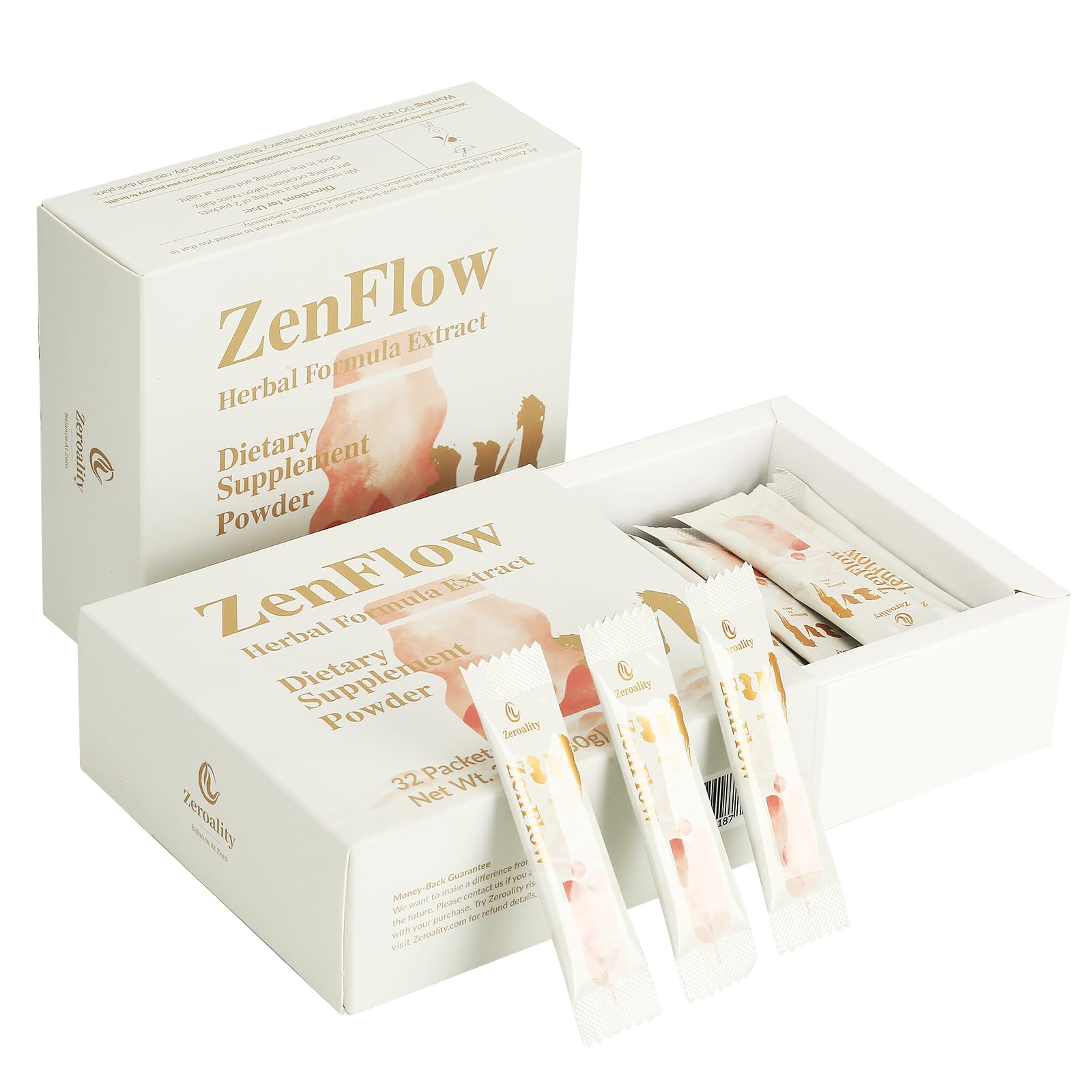 Zeroality ZenFlow PMS & Menstrual Support Supplement Powder 5.6 oz per box, 64 Packets (2 Boxes)