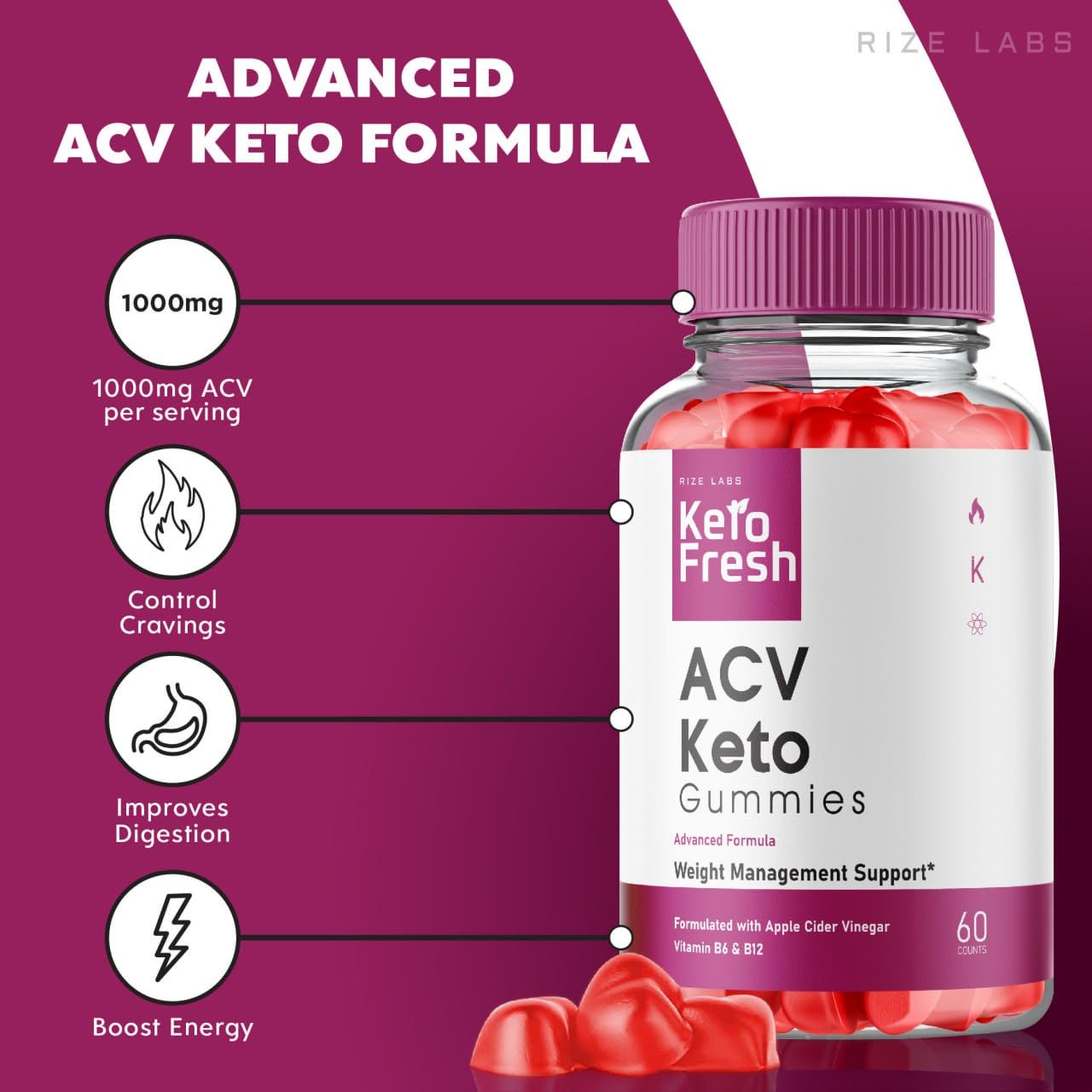 Rize Labs Keto Fresh ACV Gummies for Advanced Weight Loss, 60 Gummies