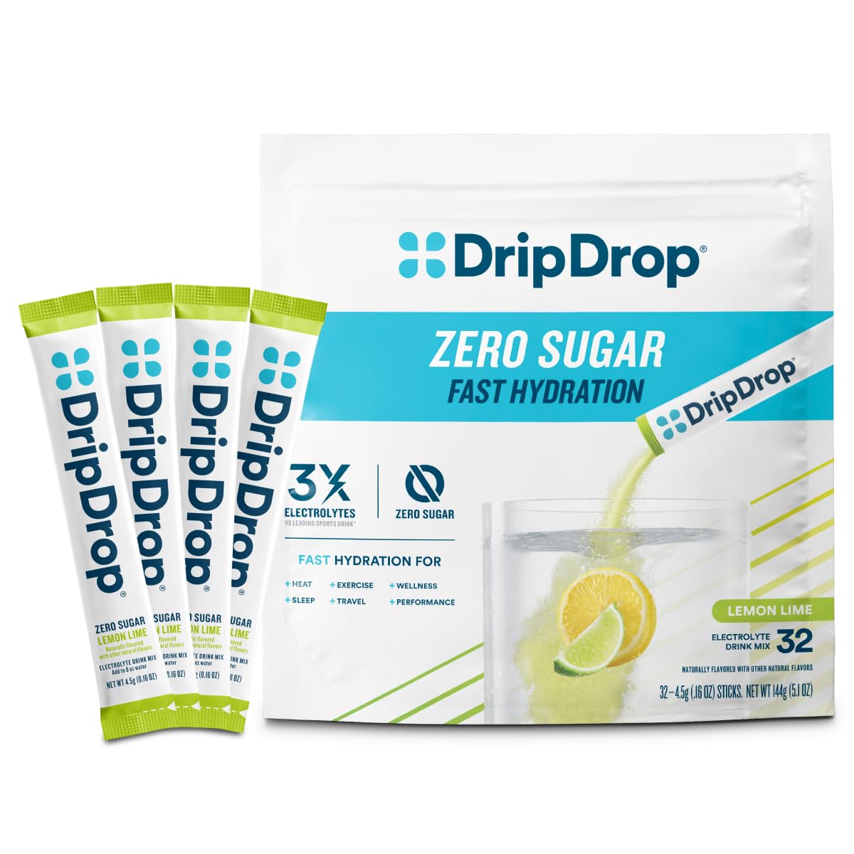 DripDrop Hydration Sugar Free Electrolyte Packets Powder, Lemon Lime, 32 Count