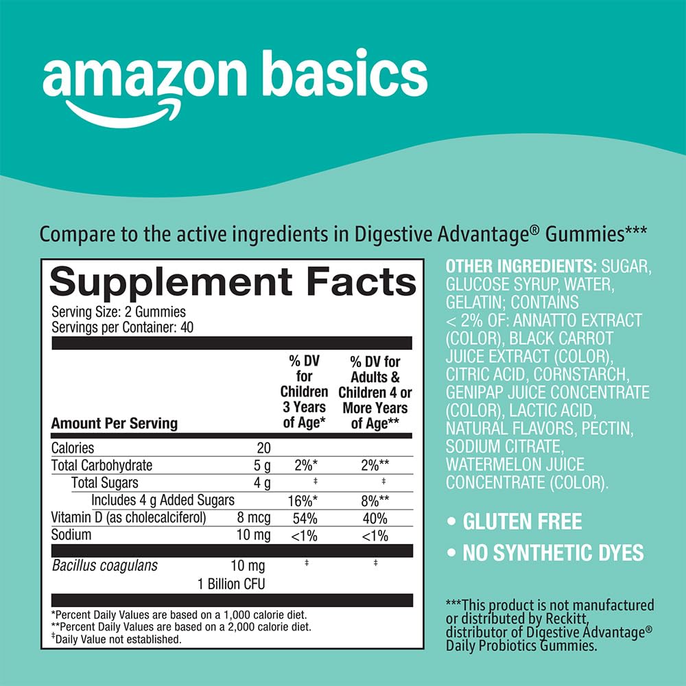 Amazon Basics Probiotic with Vitamin D Gummies, 80 Count