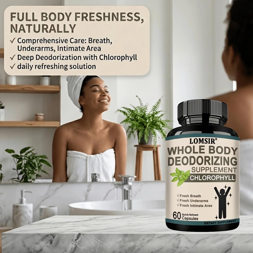 LOMSIR Whole Body Deodorizing Supplement with Chlorophyll Complex Vitamins for Women and Men Capsules, 60 Count