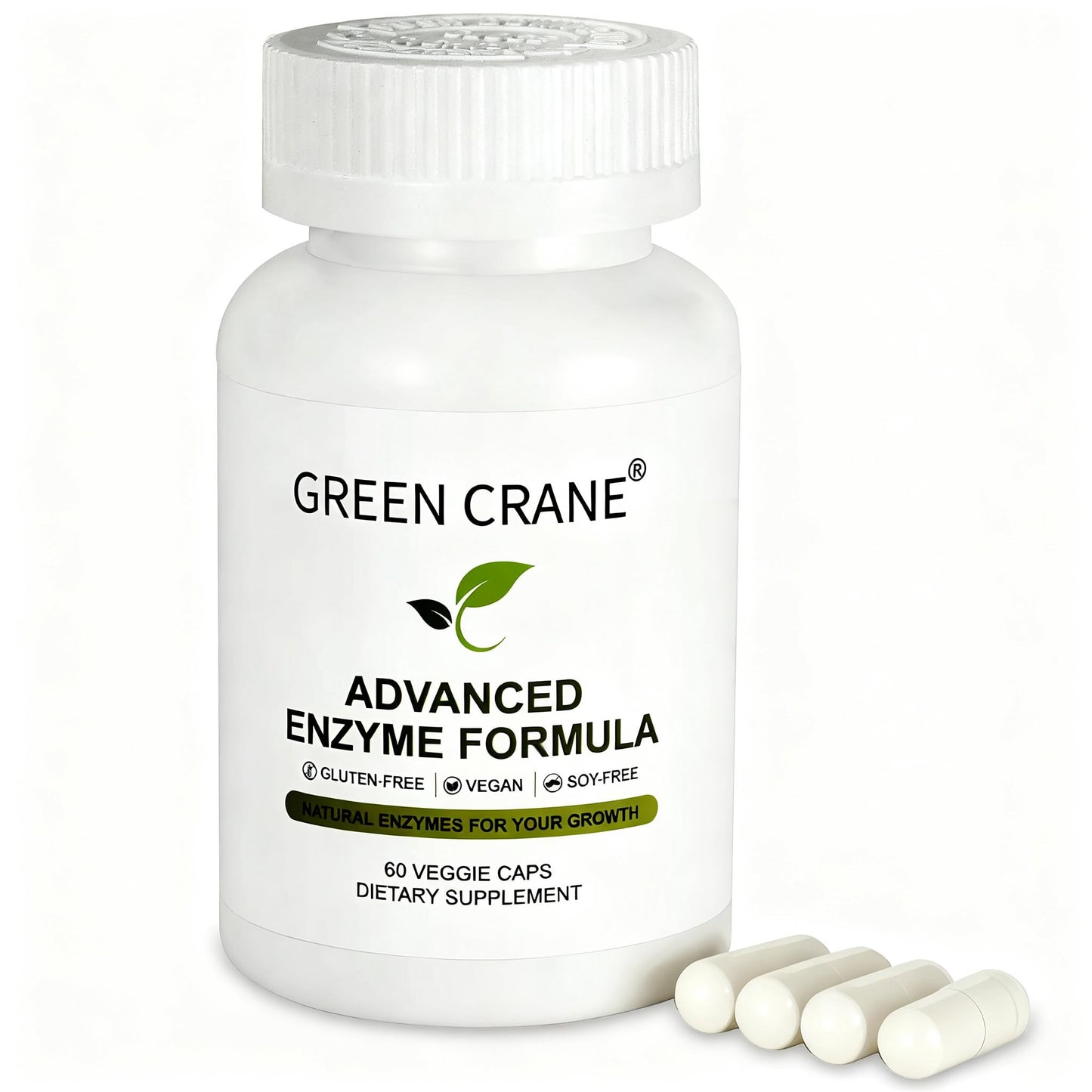 Green Crane Advanced Enzyme Formula Plant-Sourced Digestive Support Complex Gentle Gluten-Free Vegan Capsules, 60 Capsules
