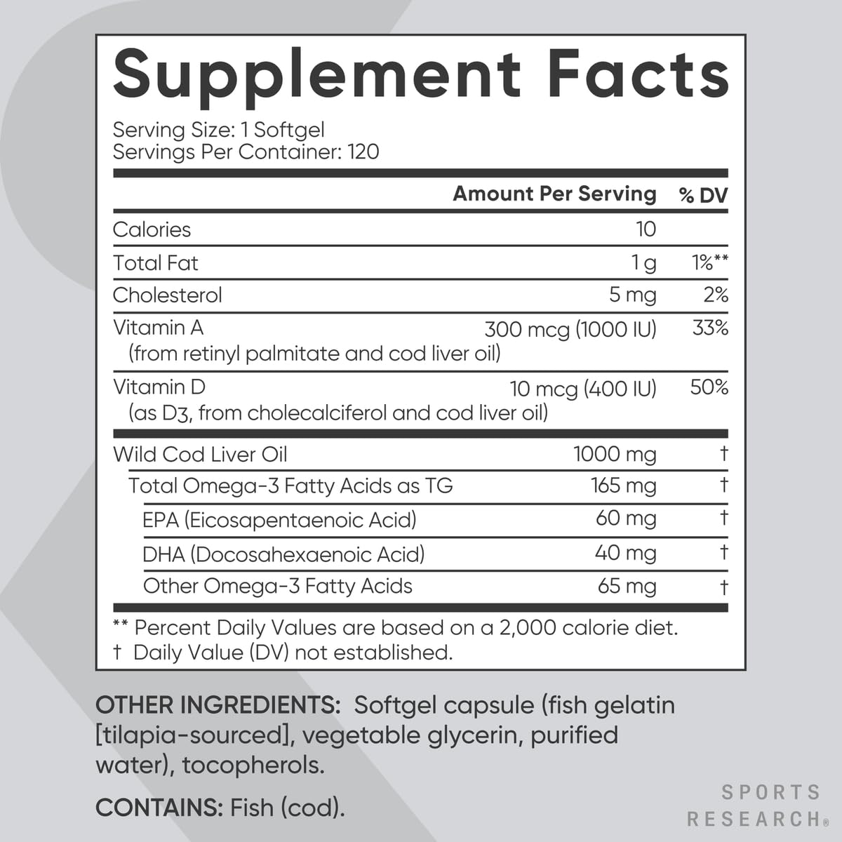 Sports Research Omega-3 Wild Alaskan Cod Liver Oil 1000mg with Vitamins A (1000 IU) & D3 (400 IU) Softgels 120