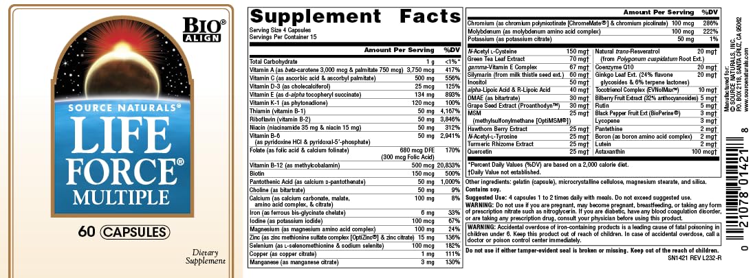 Source Naturals Life Force Multiple Daily Multivitamin High Potency Essential Vitamins, Minerals, Antioxidants & Nutrients - Energy & Immune Boost, 60 Capsules
