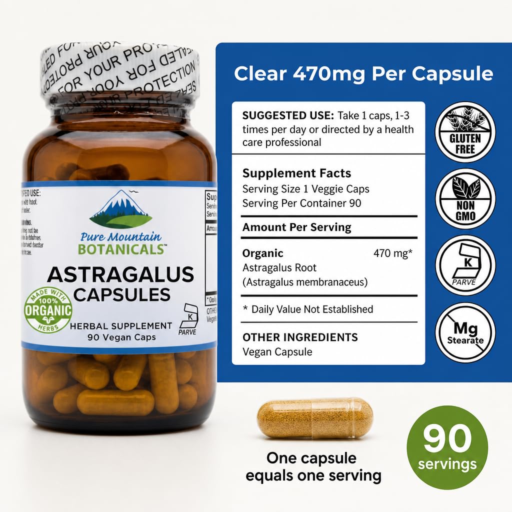 Pure Mountain Botanicals Astragalus Root Capsules 470mg 90 Count