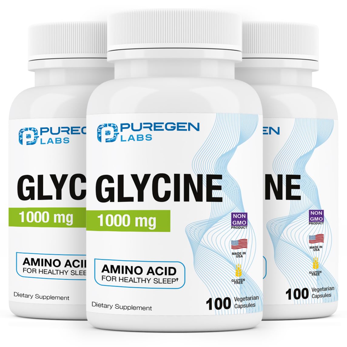 Puregen Labs Glycine 1000mg [High Potency] Total 300 Vegetarian Capsules, Promotes Healthy Rest | No Harmful Additives | Non-GMO, NO Gluten and Dairy | Made in USA