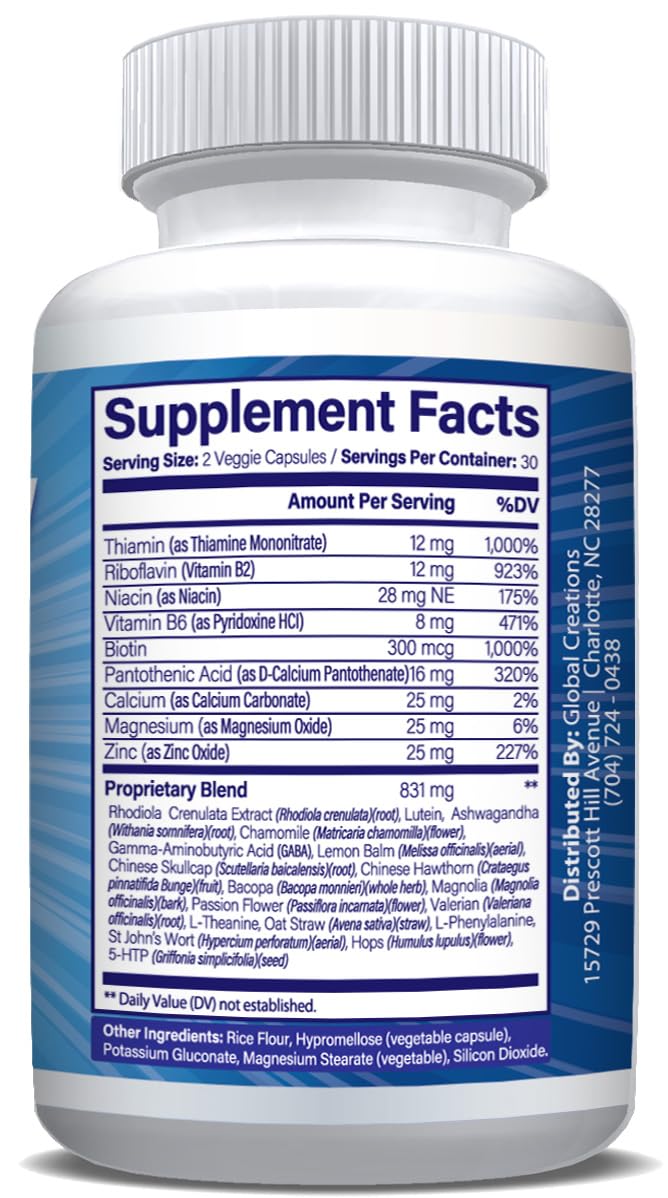 Global Creations Natural Mood & Serotonin Support - Nutrisuppz Anxiet-Ease Formula with Ashwagandha, L-Theanine, GABA, 5-HTP, Magnesium - 60 Capsules