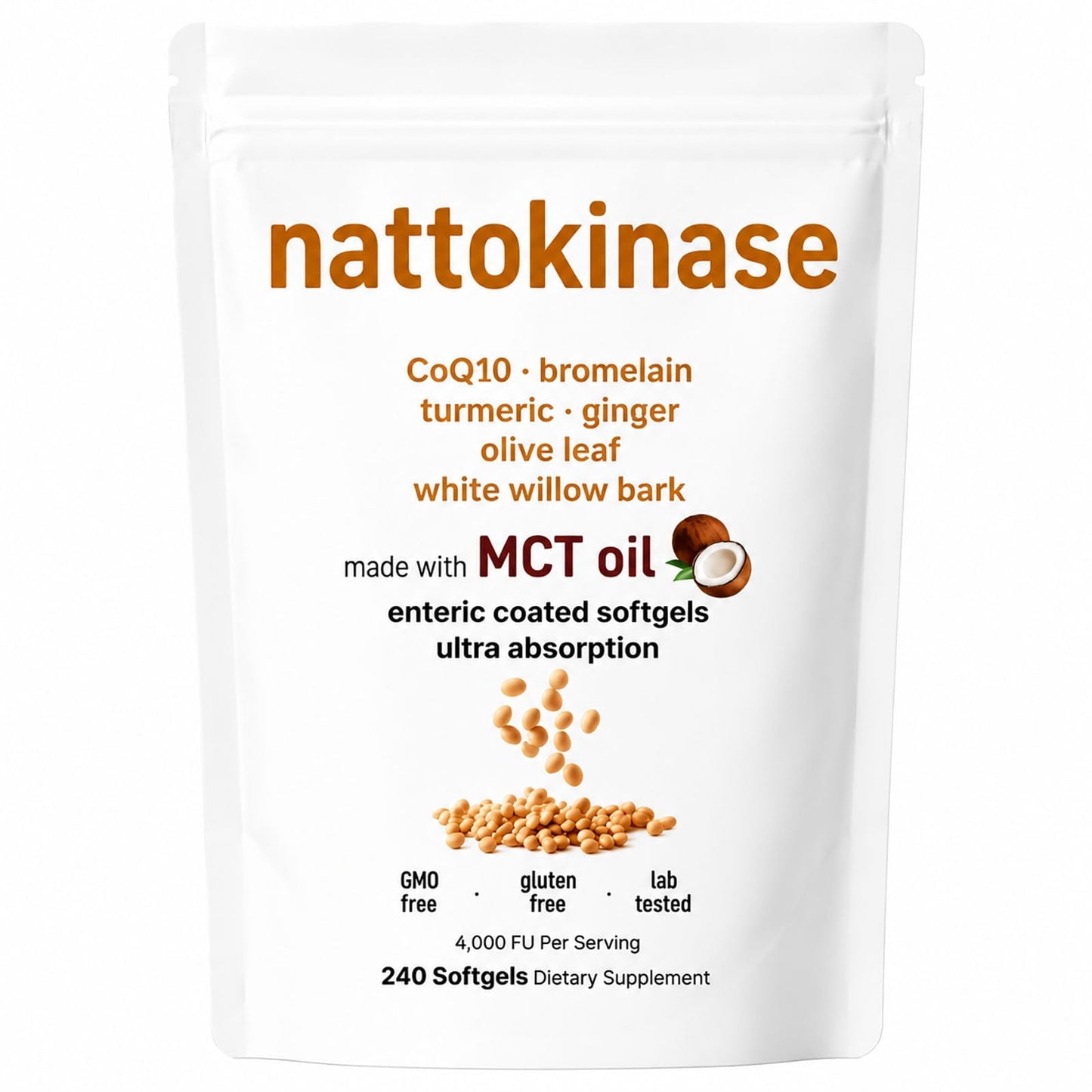 LumiLight Nattokinase 10,800 FU Daily Supplement – 7-in-1 Circulation Support Formula with CoQ10, Bromelain, Turmeric, Ginger, White Willow Bark Enteric Coated Softgels, 240 Softgels