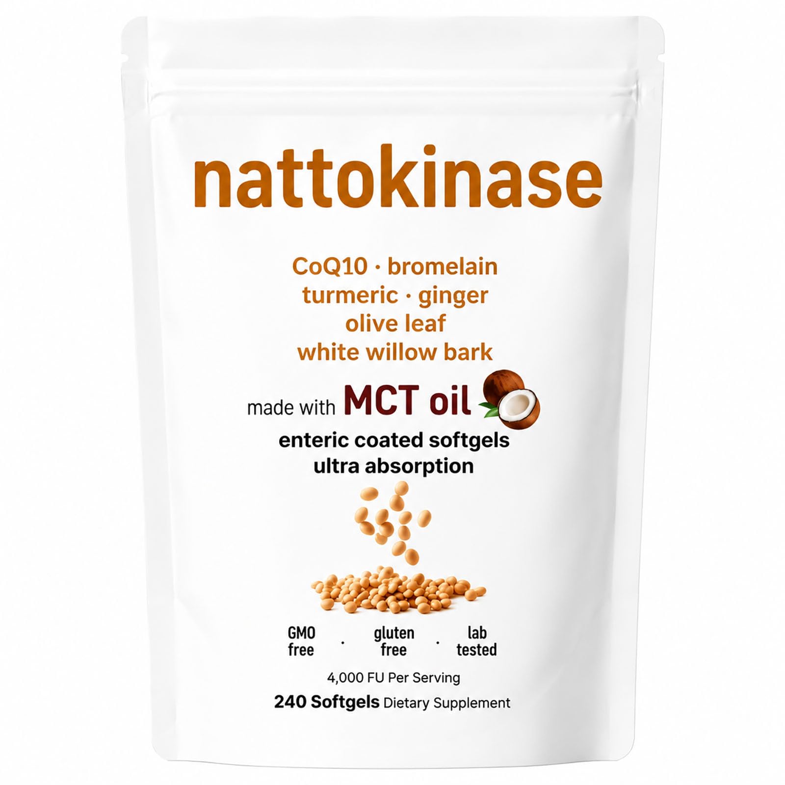 LumiLight Nattokinase 10,800 FU Daily Supplement – 7-in-1 Circulation Support Formula with CoQ10, Bromelain, Turmeric, Ginger, White Willow Bark Enteric Coated Softgels, 240 Softgels