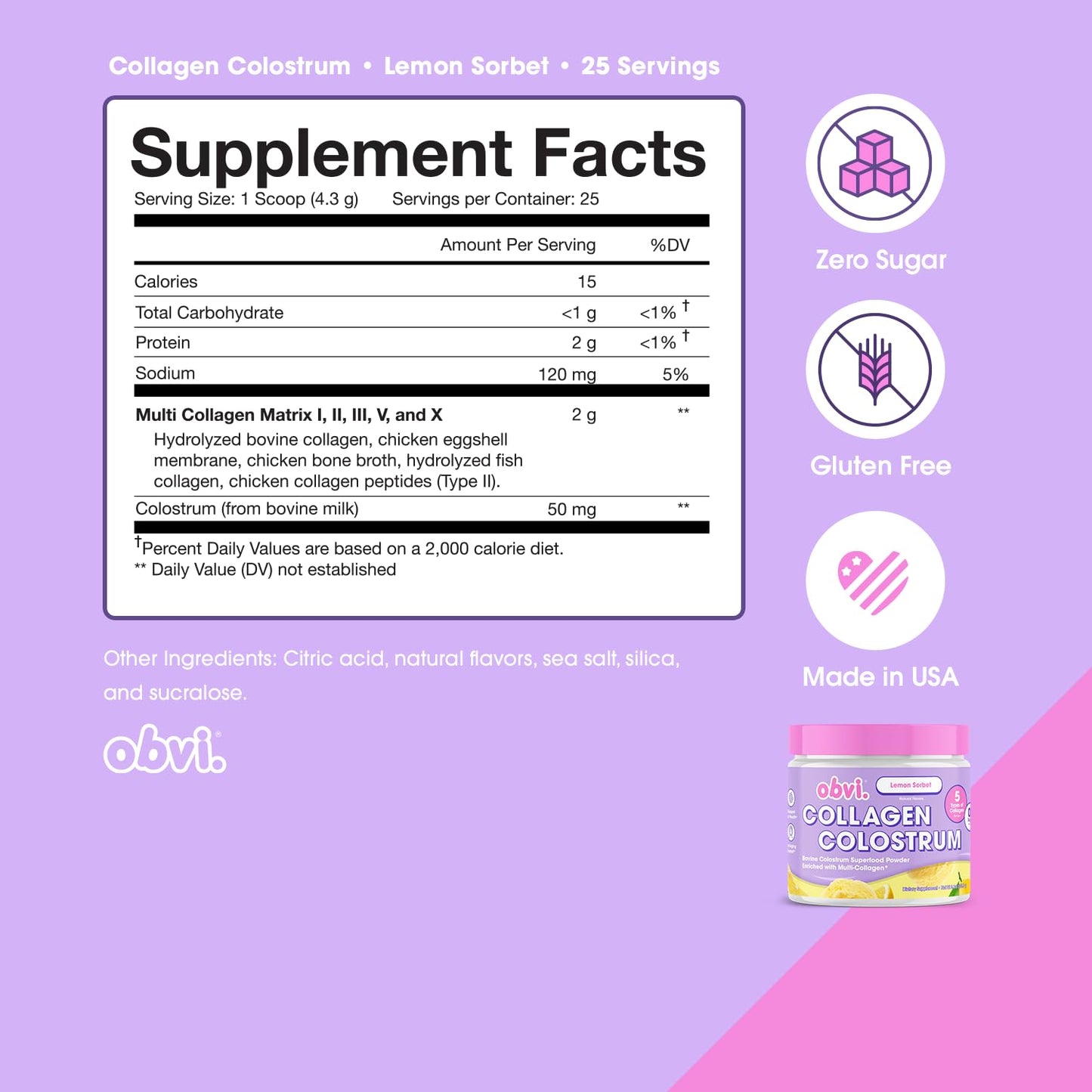 Obvi Hydrolyzed Bovine Collagen Peptide Lemon Sorbet Colostrum Superfood Protein Powder 30 Servings