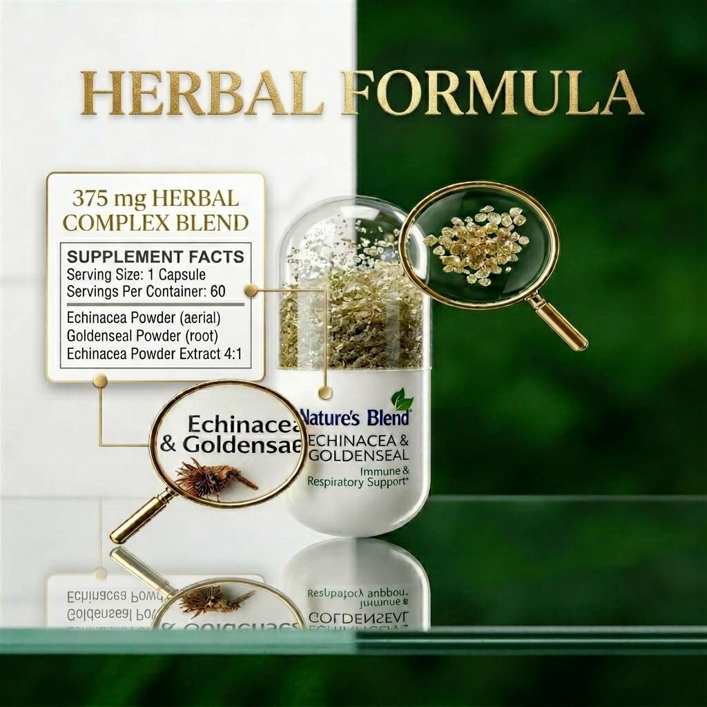 Nature's Blend Echinacea & Goldenseal Herbal Complex, Immune Support Supplement, Whole Herb & Extract Blend 60 Capsules