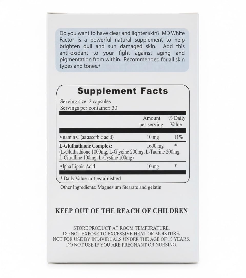 MD White Factor Glutathione Supplement with Effective Antioxidants, Vitamin C & Lipoic Acid Capsules, 60 Count