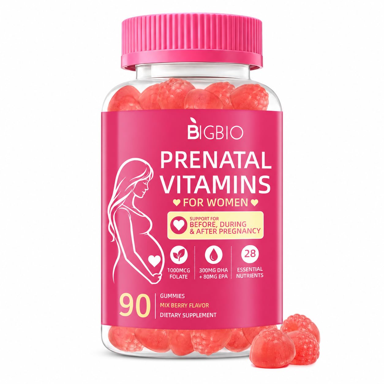 BIGBIO Prenatal Vitamins for Women Gummies, Methylfolate 1mg, Choline, Omega 3 DHA EPA, Iron, Probiotics & B Complex, Postnatal Vitamins for Breastfeeding, Sugar Free Vegan, Mixed Berry, 90 Count