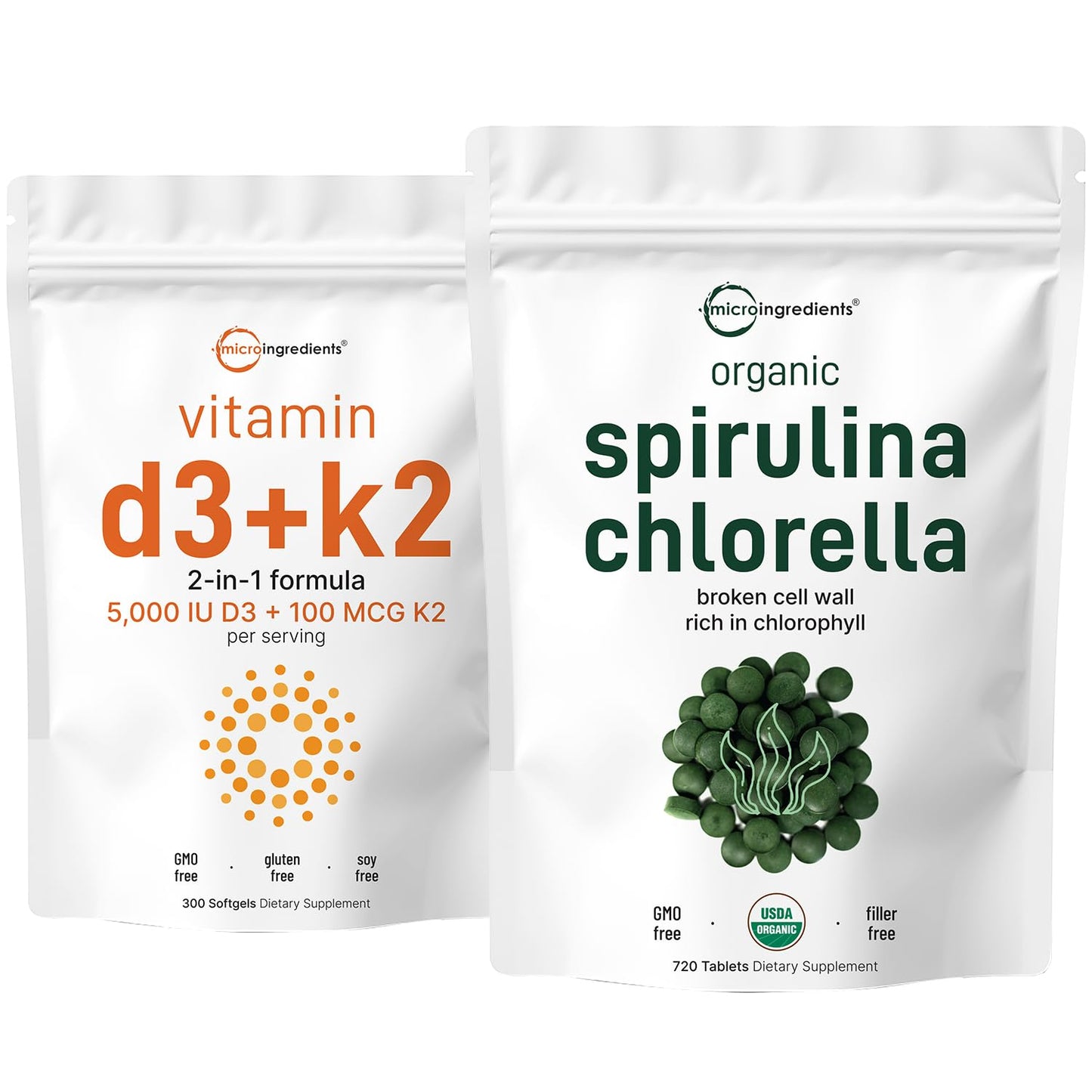 Micro Ingredients Organic Chlorella Spirulina 3000mg Tablets, Vitamin D3 5000IU + K2 100mcg Bundle, 2 Pack