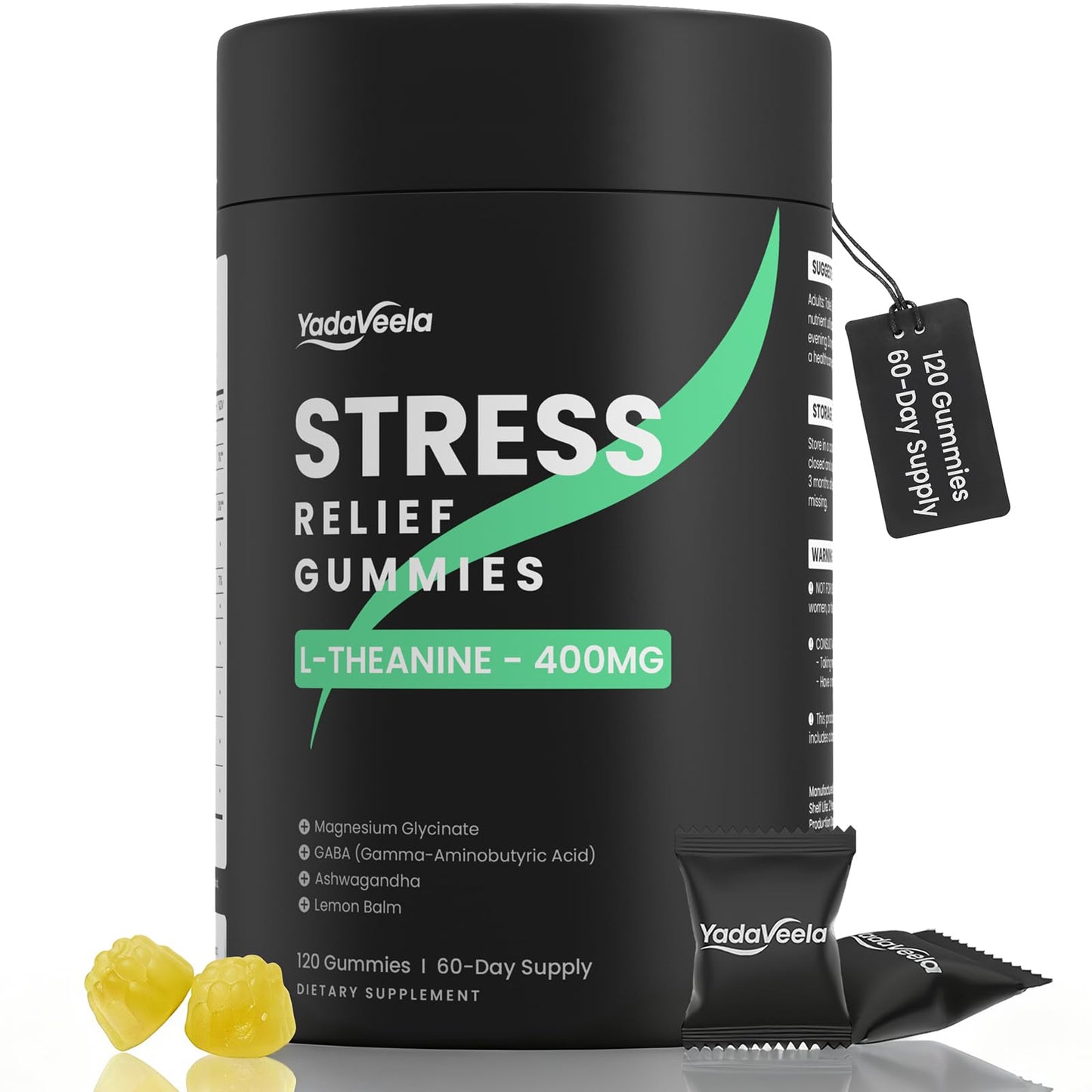YadaVeela Stress Support Gummies for Kids & Adults, L-Theanine 400mg with Magnesium Glycinate, GABA & Ashwagandha, L-Theanine Chewable Supplement for Relaxation, Sleep, Calm & Focus, 120 Count