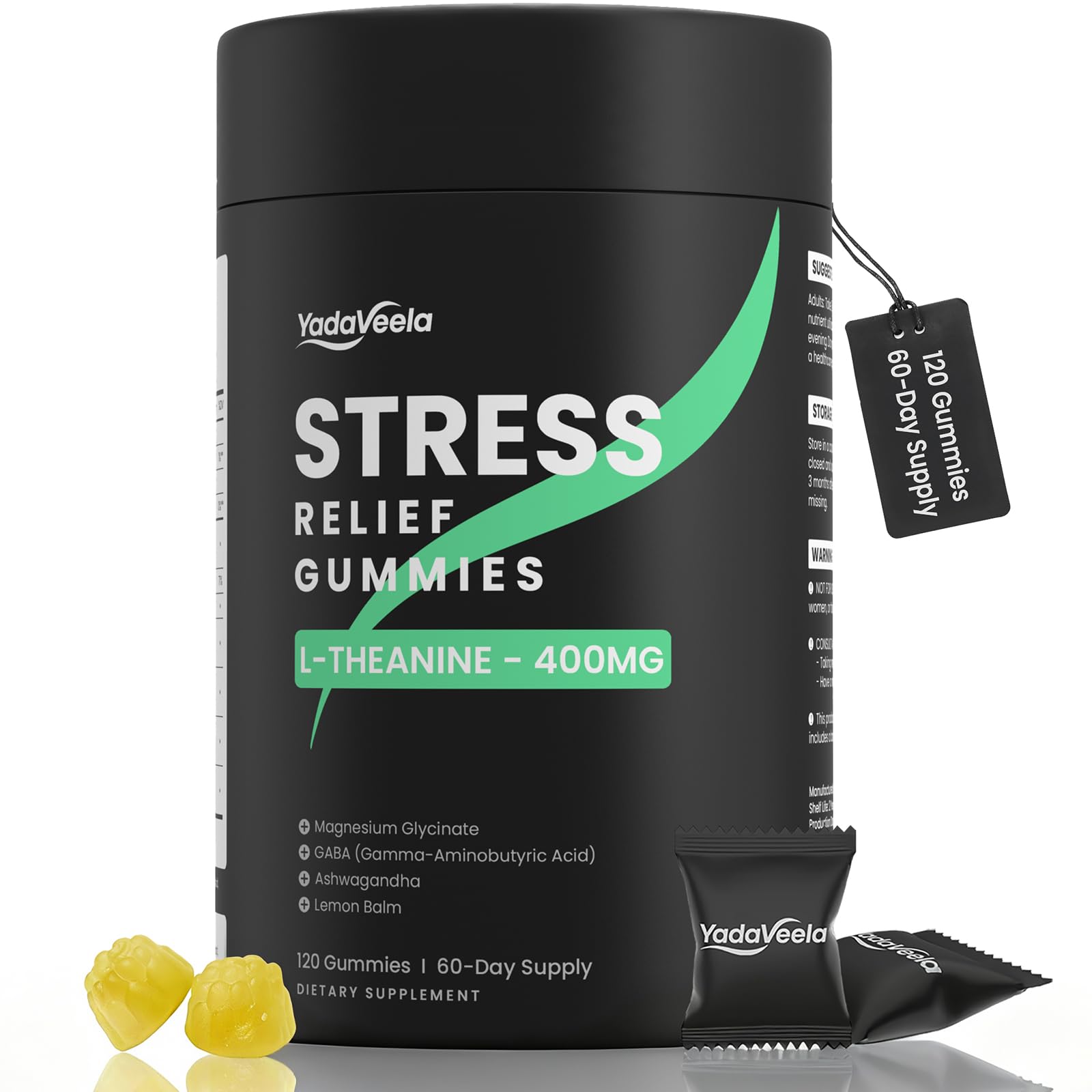 YadaVeela Stress Support Gummies for Kids & Adults, L-Theanine 400mg with Magnesium Glycinate, GABA & Ashwagandha, L-Theanine Chewable Supplement for Relaxation, Sleep, Calm & Focus, 120 Count