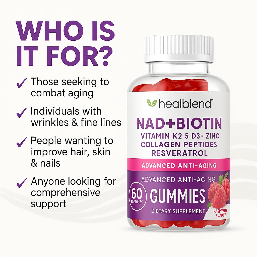 healblend NAD+ Biotin Gummies – Collagen Peptides, Resveratrol, Keratin & Berberine – Anti-Aging Hair, Skin & Nail Support – Vitamin K2 & D3, Zinc – Raspberry Flavor, 60 Gummies