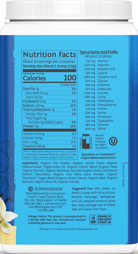 Sunwarrior Vegan Protein Powder Organic Plant-Based Protein, 30 Servings