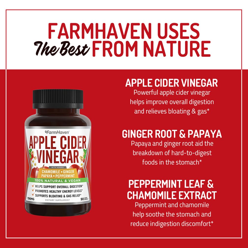 FarmHaven Apple Cider Vinegar 1390mg Capsules with Ginger, Papaya & Chamomile, Supports Digestion & Immunity, Non-GMO & 100% Natural, 450 Capsules