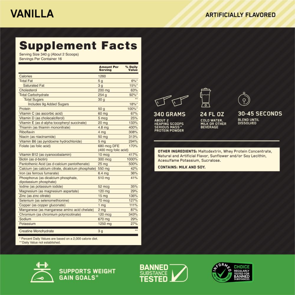 Optimum Nutrition Serious Mass Weight Gainer Protein Powder Vanilla 192 Servings