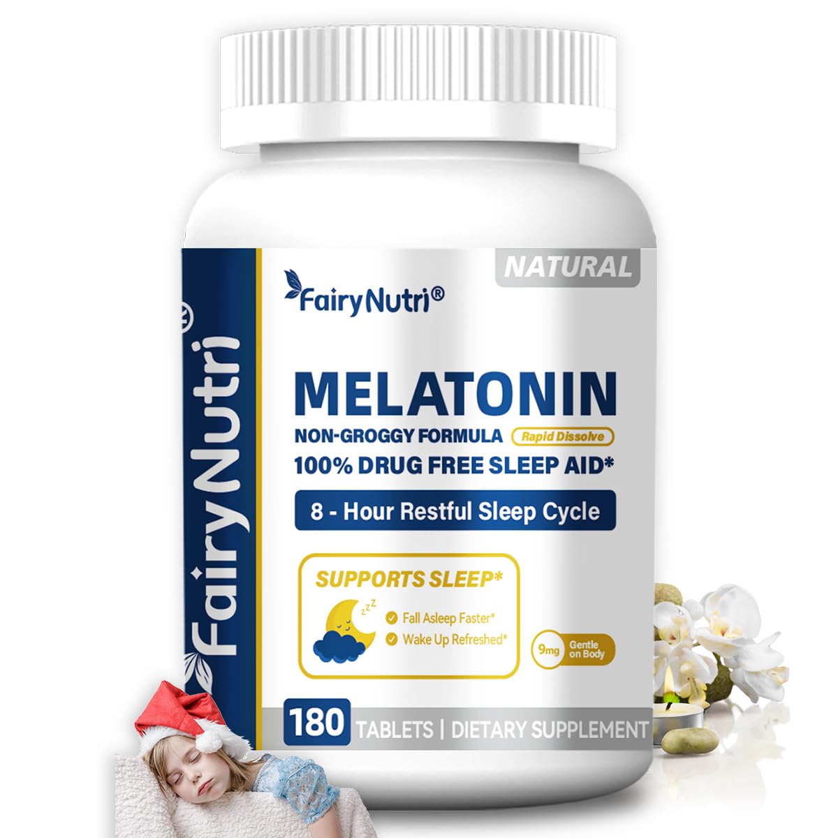 fairynutri Melatonin 9mg Non-Groggy Formula 100% Drug Free Sleep Aid Tablet 180 Tablets