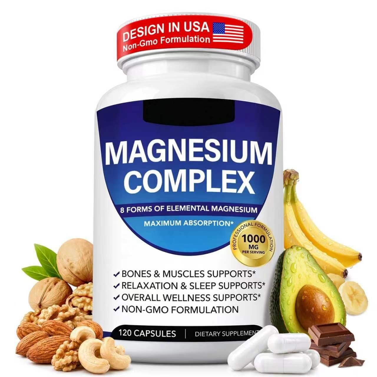 Bivinke Magnesium Complex 8 Elemental 1000mg, Chelated for Better Absorption, Vegan Capsules, 120 Count