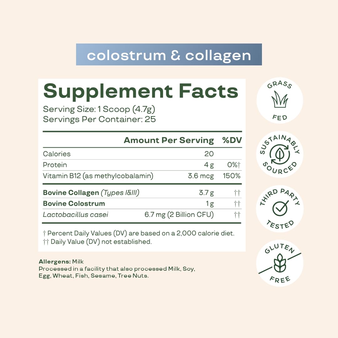 Bloom Nutrition Bovine Colostrum Powder with Vitamin B-12 for Gut Health, Immune Support, Hair Growth & Beauty Supplement, 25 Servings