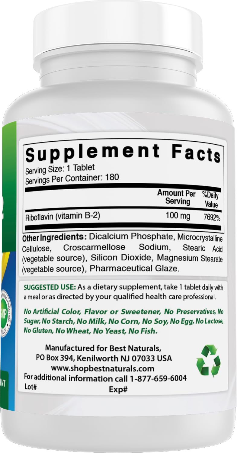 Best Naturals Vitamin B2 (Riboflavin) 100 mg Tablet, 180 Tablets