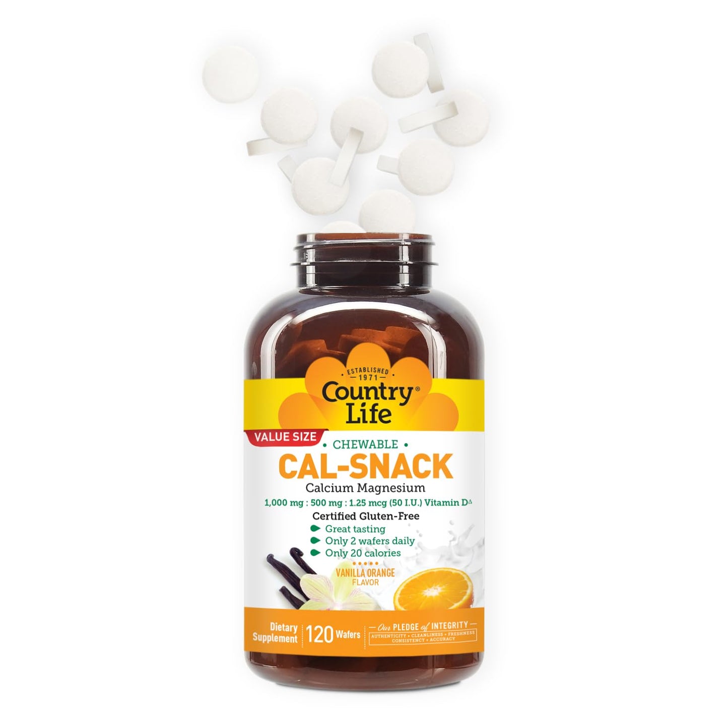 Country Life Cal-Snack Chewable Calcium Magnesium Supplement with Vitamin D3, Vanilla Orange Flavor, 120 Count