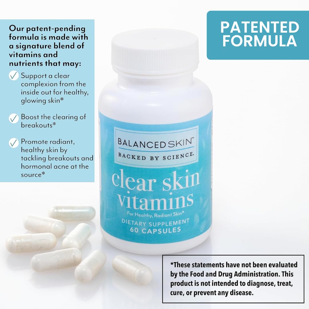 Balanced Skin Clear Skin Vitamins for Women & Men - Acne Control and Healthy Glowing Skin, Patented and Dermatologist-Developed Hormonal & Cystic Acne Pills, Capsule, 1 Count
