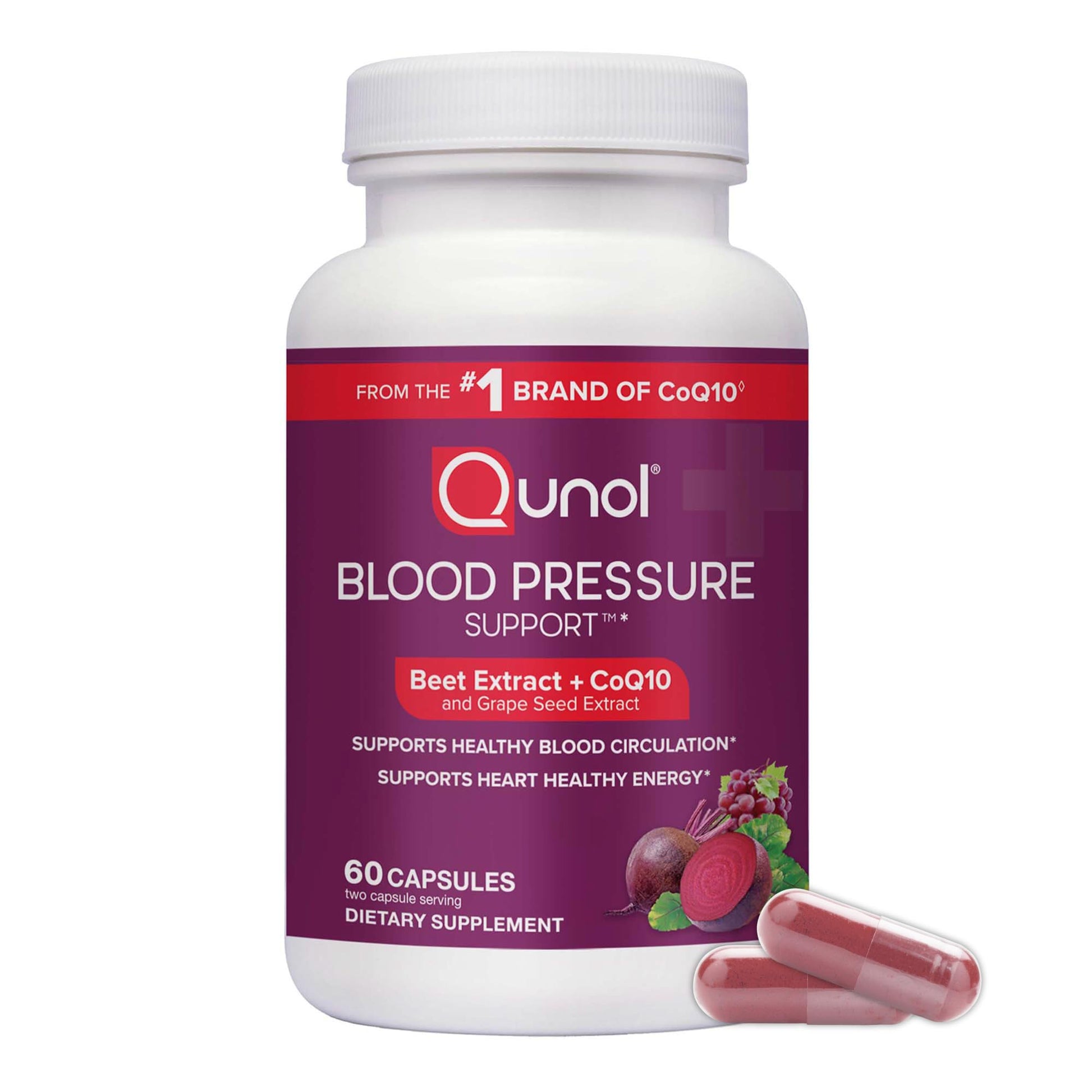 Qunol Blood Pressure Support 3 in 1 Beets + CoQ10 + Grape Seed Extract Beet Root Capsules, 60 Count