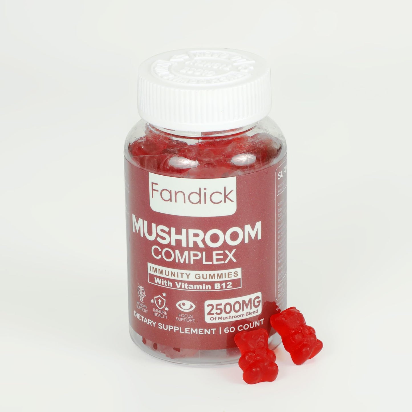 FANDICK Premium Organic Mushroom Complex Blend with Reishi, Cordyceps, Lion's Mane, Chaga, Maitake, Turkey Tail, Agaricus Blazei, Oyster, Black Fungus, Shiitake, DMAE 50mg Gummies 60 Count