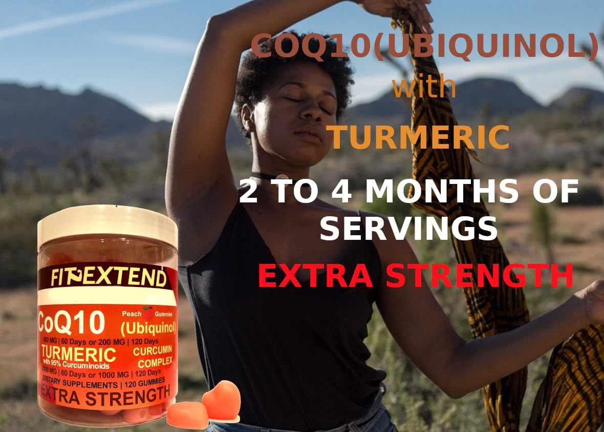 FIT EXTEND CoQ10 Ubiquinol & Turmeric Gummies 200mg CoQ10, 1000mg Turmeric, Peach, 120 Count