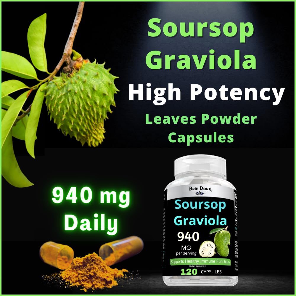 BEIN DOUX 940mg Soursop Graviola Leaves Powder Capsule Rich in Antioxidants, 120 Capsules