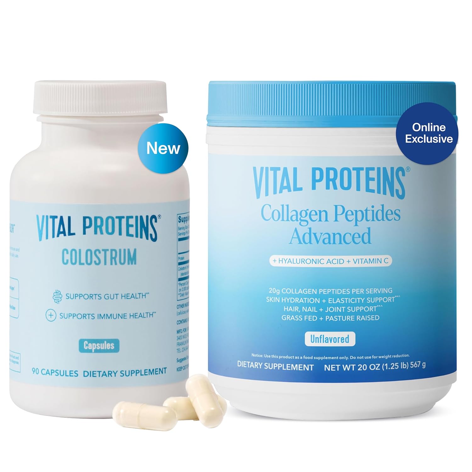 Vital Proteins Collagen Peptides Powder Unflavored 19.3 oz and Bovine Colostrum Supplement 90 Capsules