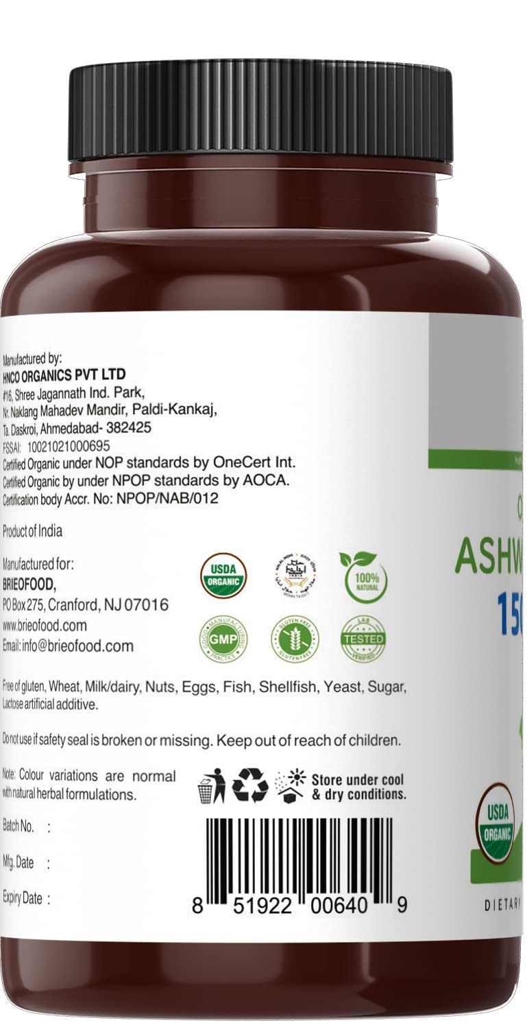 Brieofood Organic Ashwagandha 1500mg Tablet, 180 Tablets