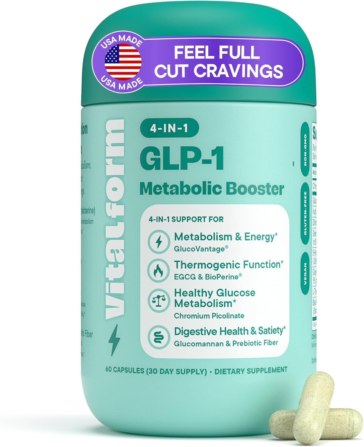 VitalForm GLP-1 Metabolic Support Supplement – 4-in-1 Formula for Appetite Control, Cravings, Digestion, Energy & Weight Management – With GlucoVantage®, Berberine, Inulin & EGCG – Vegan Capsules, 60 Count
